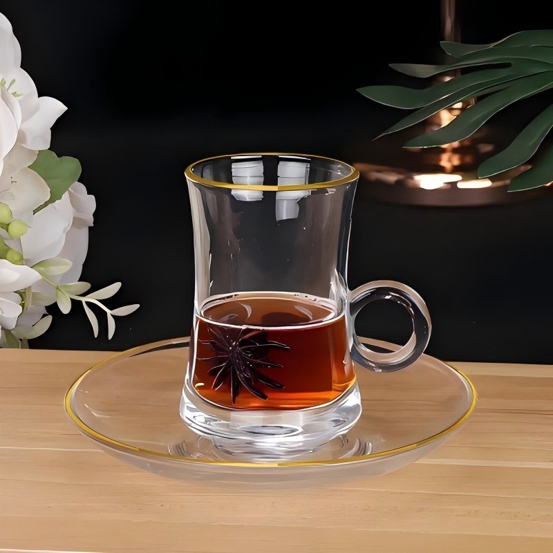 ونٹیج پرنٹ شدہ رنگ ہینڈل گلاس ٹی کپ